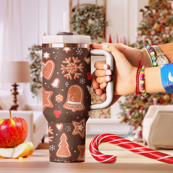 Christmas Gingerbread 40oz Cup With Handle, Christmas 40oz Tumbler, santa 40oz Stainless Steel Tumbler With Lid and Straw, Holiday Tumbler