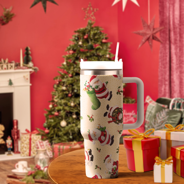 Christmas Santa 40oz Cup With Handle, Christmas 40oz Tumbler, Santa Claus 40oz Stainless Steel Tumbler With Lid and Straw, Holiday Tumbler