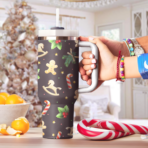 Gingerbread Cookies Tumbler 40oz With Handle, Christmas 40oz Tumbler, 40oz Stainless Steel Tumbler With Lid and Straw, Christmas Tumbler