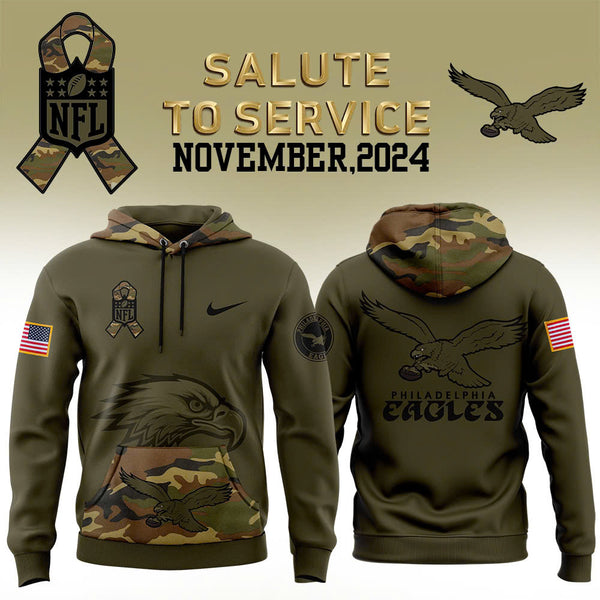 Men Philadelphia Eagles Camo 2024 Salute to Service Club Fleece Pullover Hoodie