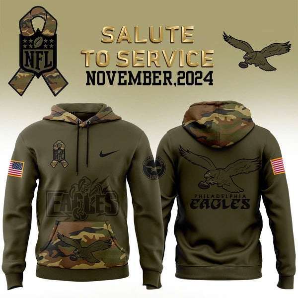 Men Philadelphia Eagles Camo 2024 Salute to Service Club Fleece Pullover Hoodie