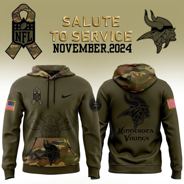 Men Minnesota Vikings Camo 2024 Salute to Service Club Fleece Pullover Hoodie