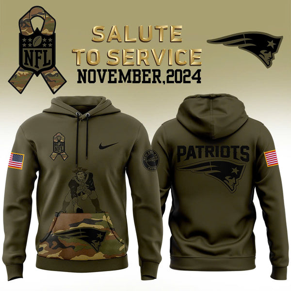 Men New England Patriots Camo 2024 Salute to Service Club Fleece Pullover Hoodie