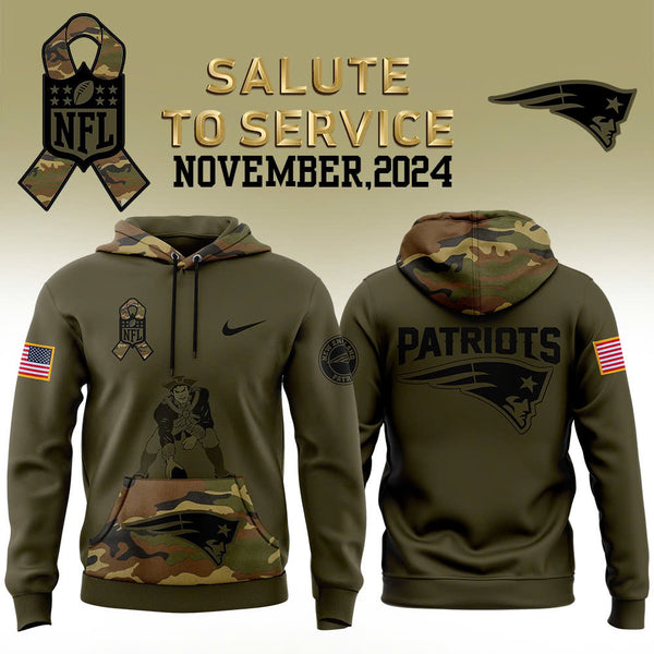 Men New England Patriots Camo 2024 Salute to Service Club Fleece Pullover Hoodie