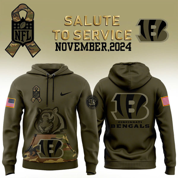 Men Cincinnati Bengals Camo 2024 Salute to Service Club Fleece Pullover Hoodie