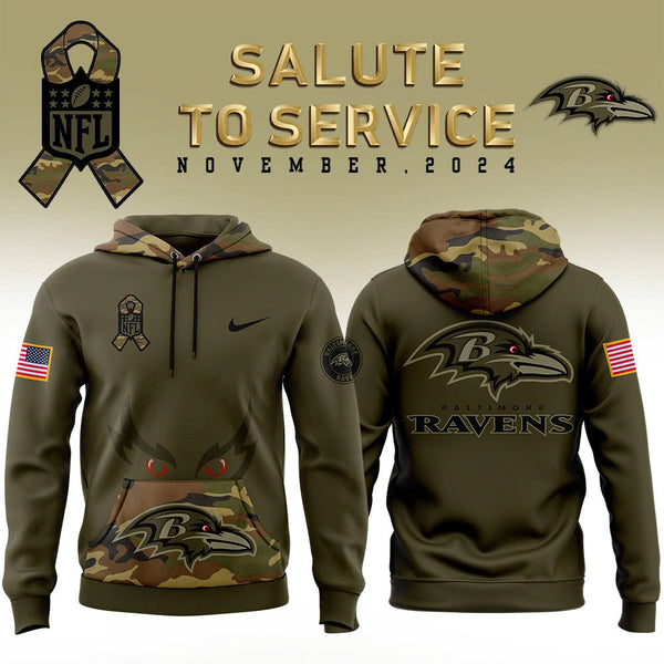 Men Baltimore Ravens Camo 2024 Salute to Service Club Fleece Pullover Hoodie