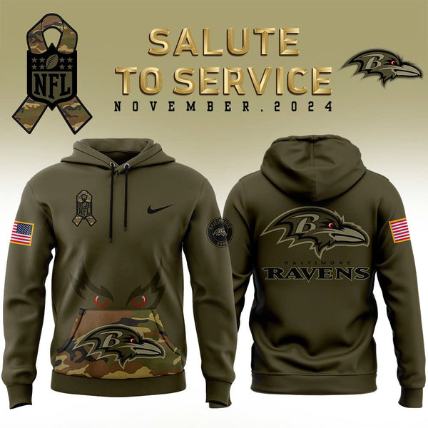 Men Baltimore Ravens Camo 2024 Salute to Service Club Fleece Pullover Hoodie