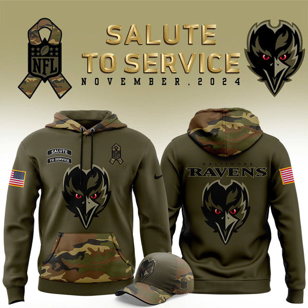 Men Baltimore Ravens Camo 2024 Salute to Service Club Fleece Pullover Hoodie