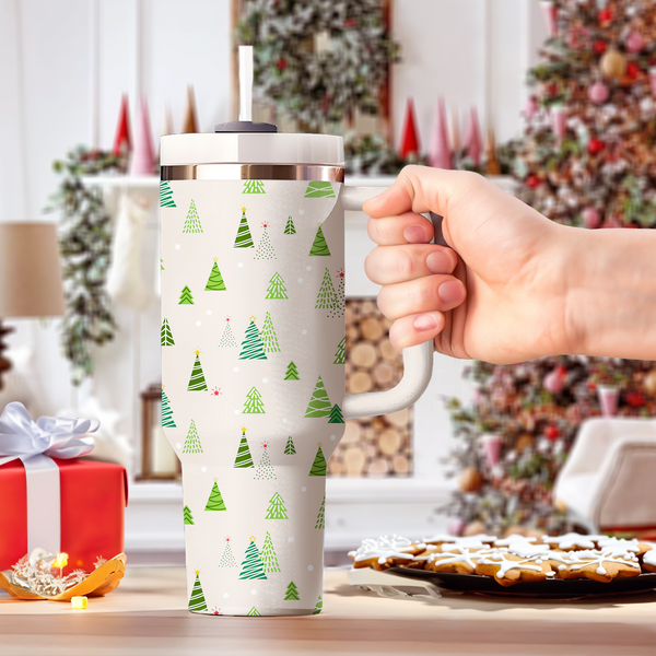 Christmas Pine Tree Tumbler 40oz With Handle, Daily 40oz Tumbler, Santa 40oz Stainless Steel Tumbler With Lid and Straw, Holiday Tumbler