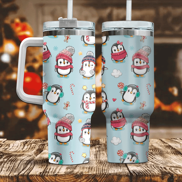 Cute Penguin Christmas 40oz Cup With Handle, Christmas 40oz Tumbler, Winter 40oz Stainless Steel Tumbler With Lid and Straw, Holiday Tumbler