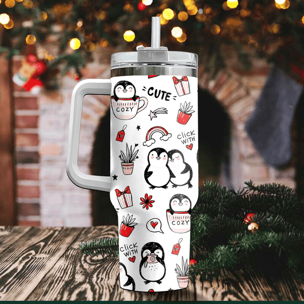 Cute Penguin Christmas 40oz Cup With Handle, Christmas 40oz Tumbler, Winter 40oz Stainless Steel Tumbler With Lid and Straw, Holiday Tumbler