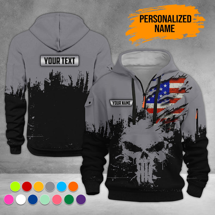 Personalized Name Skull 3D Quarter Zip Hoodie RN124