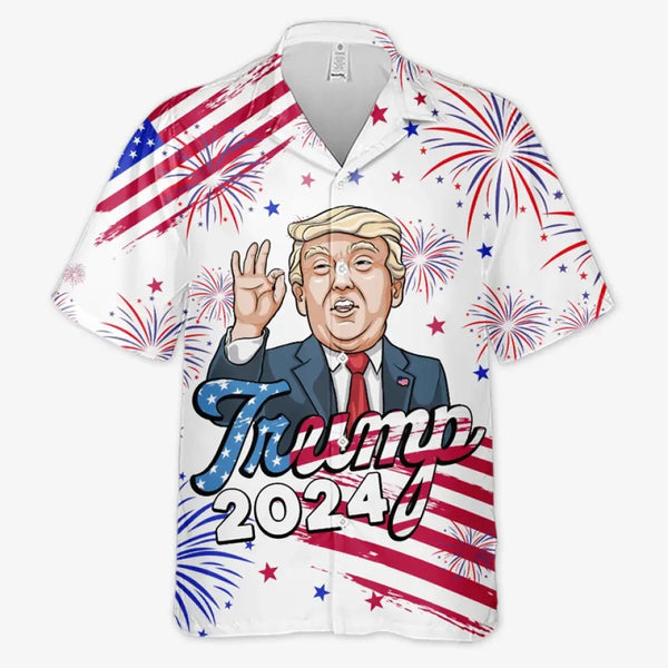 2024 We're Here With Trump - US Election Unisex Tropical Hawaiian Aloha Shirt - Summer Vacation Gift For Trump Supporters - Trump Hawaiian Shirt