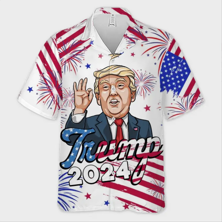 2024 We're Here With Trump - US Election Unisex Tropical Hawaiian Aloha Shirt - Summer Vacation Gift For Trump Supporters - Trump Hawaiian Shirt