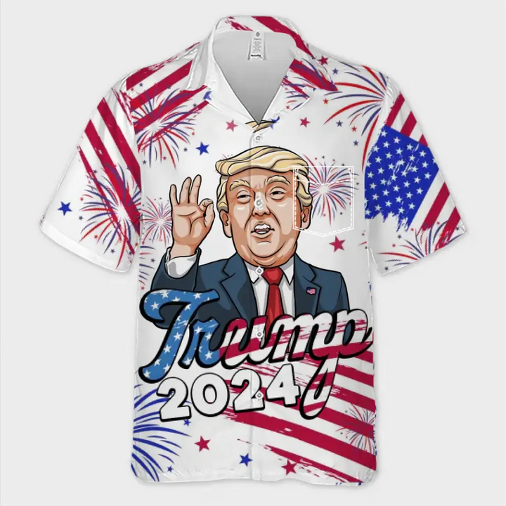 2024 We're Here With Trump - US Election Unisex Tropical Hawaiian Aloha Shirt - Summer Vacation Gift For Trump Supporters - Trump Hawaiian Shirt