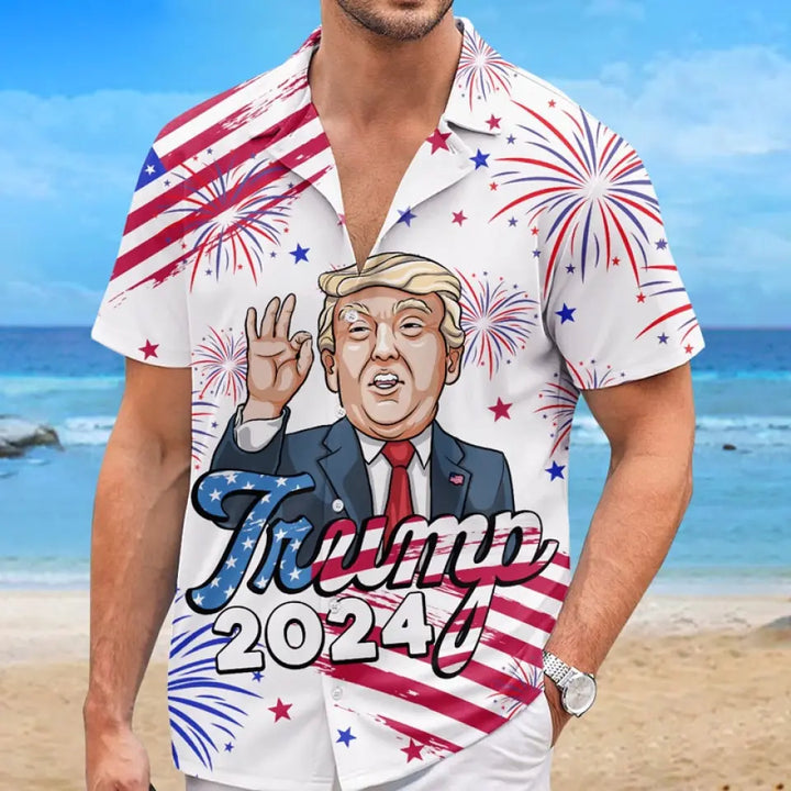 2024 We're Here With Trump - US Election Unisex Tropical Hawaiian Aloha Shirt - Summer Vacation Gift For Trump Supporters - Trump Hawaiian Shirt