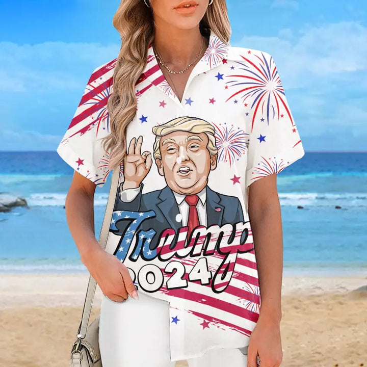 2024 We're Here With Trump - US Election Unisex Tropical Hawaiian Aloha Shirt - Summer Vacation Gift For Trump Supporters - Trump Hawaiian Shirt