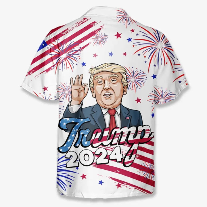 2024 We're Here With Trump - US Election Unisex Tropical Hawaiian Aloha Shirt - Summer Vacation Gift For Trump Supporters - Trump Hawaiian Shirt