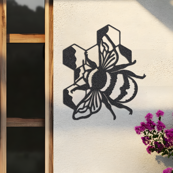 Bee Honeycomb Black Metal Wall Art, Bee Honeycomb Wall Hanging, Laser Cut Metal Artwork, Bee and honeycomb metal Sign Livingroom Decor