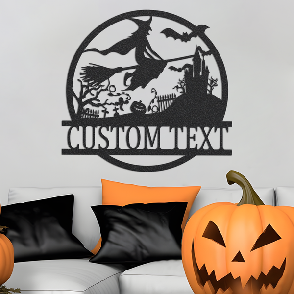 Happy Halloween Metal Wall Art With Lights, Personalized Halloween Name Sign, Witch's Castle Sign Witch's House Sign, Bat Pumpkin Ghost sign