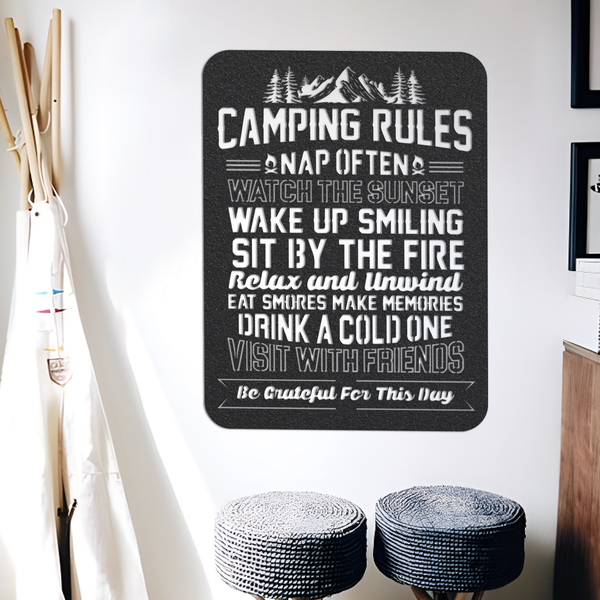 Metal Camping Rules Sign with Led Light, Camping Family Gift, Camper Decor Camping Gifts, Campsite Sign Lodge Cabin Sign, Camping Home Decor