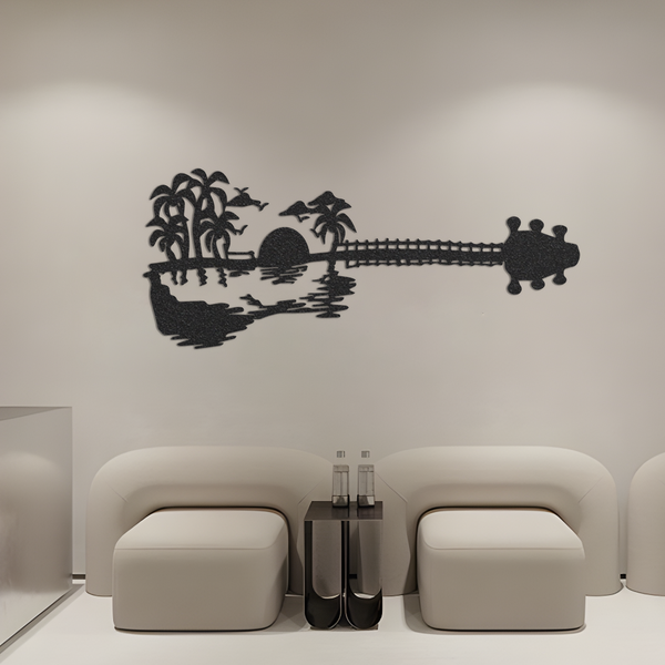 Guitar Beach Metal Wall Art With Lights, Palm tree Guitar Sign, Sunset on Beach Sign, Gift For Dad, Birthday Gift, Gift for Guitar Lover