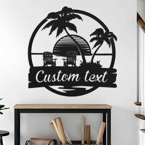 Custom Beach Sunset Metal Wall Art with Led Light, Beach Address Sign, Palm Trees and Chairs Coastal Decor, Beach Welcome Sign Home Decor