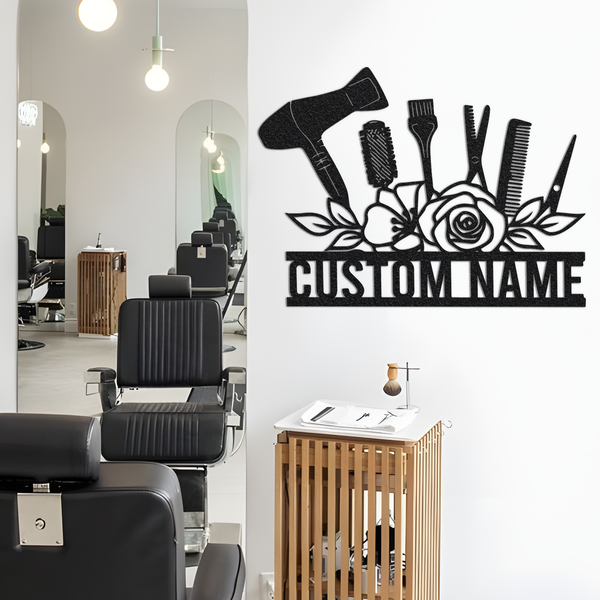 Personalized Floral Hair Salon Metal Wall Art With Lights, Hair Salon Decor, Hair Stylish Home Decor, Hair Salon Shop Owner Gift Name Sign