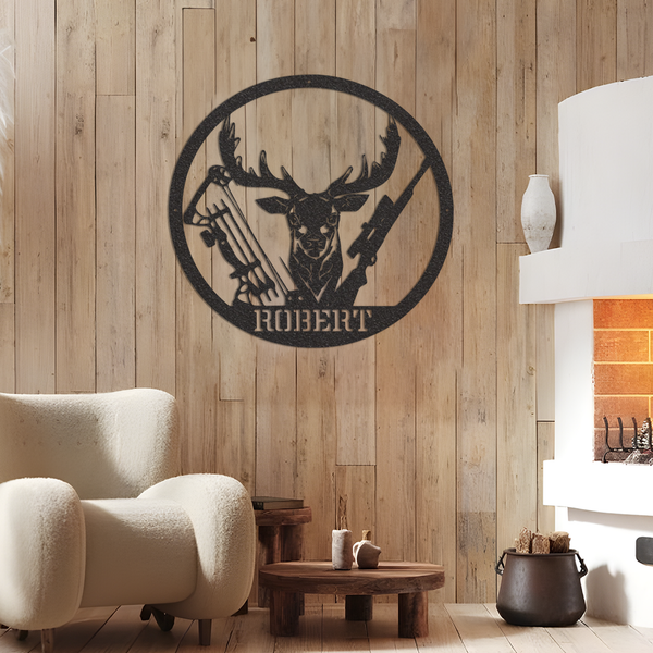 Personalized Deer Hunter Metal Sign With Lights, Custom Family Name Sign, Hunting Cabin Sign, Housewarming Gift, Cottage Sign, Gift For Him