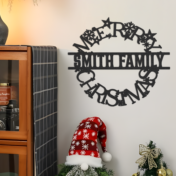 Personalized Christmas Wreath Metal Wall Art With Led Lights, Door Decor, Xmas Wreath Sign Merry Christmas Custom Family Name Sign Xmas Gift