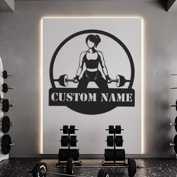 Custom Girl Powerlifting Workout Metal Sign with Led Light, Weightlifting Name Sign, Fitness Decor, Home Gym Sign, Female Bodybuilder Sign