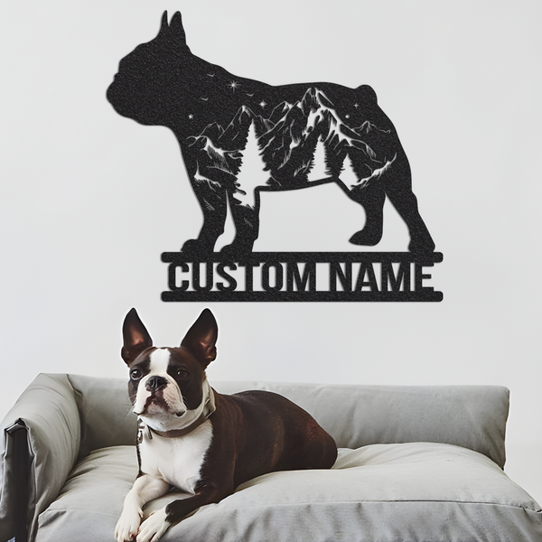 Custom Bulldog and Forest Metal Wall Art with Led Light, Night View Mountain Pattern with Dog, Living Room Decor, Animal Wall Hanging