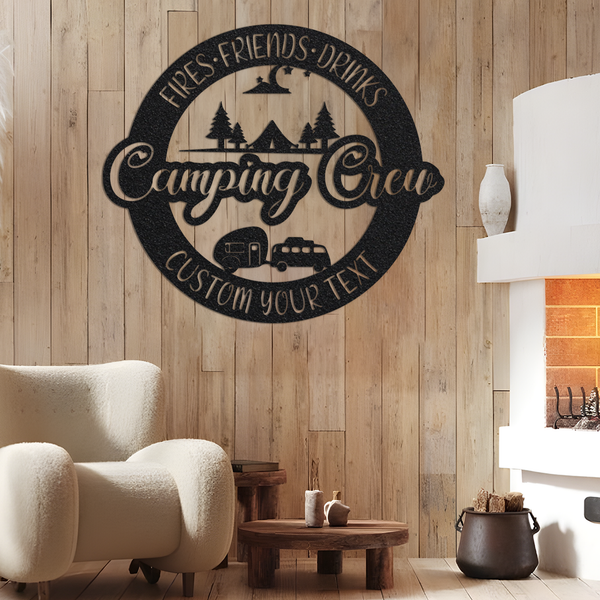 Custom Camping Crew Metal Sign with Led Light, Fires Friends Drinks, Camping Family Adventure Lover RV Decor, Gift for Campers, Happy Camper