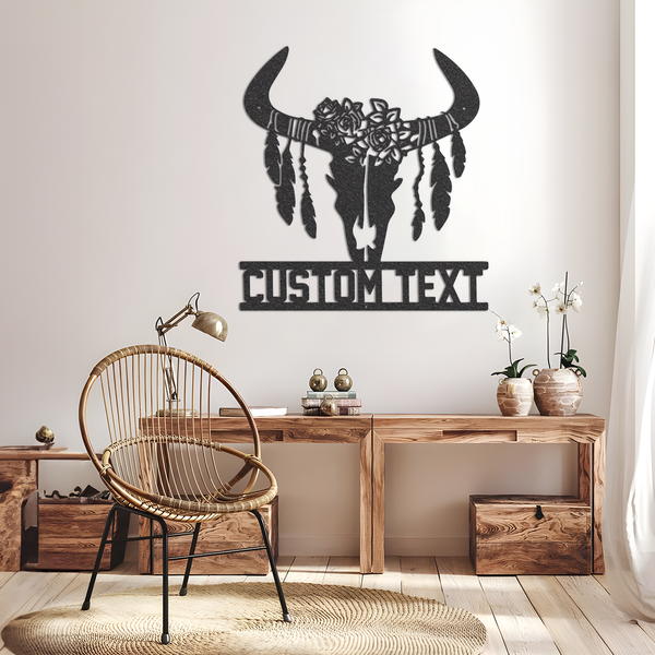 Personalized Cow Skull Metal Wall Art With Led Lights, Floral Cow Skull Sign, Boho Style, Farmhouse Rustic Decoration, Housewarming Gift