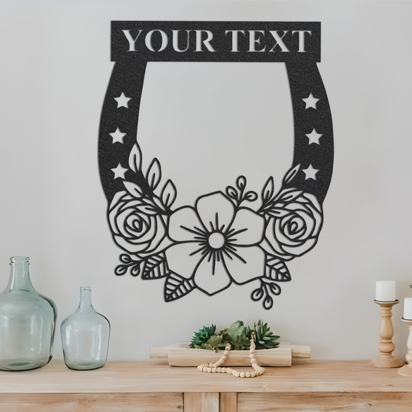 Horseshoe Metal Sign,Personalized Floral Wall Art,Flower name Sign,Front Door Decor,Ranch Decor,Farm Decor,Outdoor Decor,Horse Lover gift