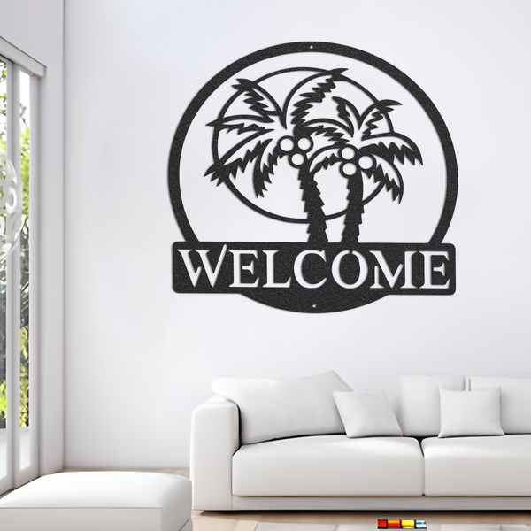 Metal Welcome Sign, Large Metal Wall Art, Welcome Sign For Front Porch, Metal Palm Tree Decor, Tropical Welcome Sign, Housewarming Gift