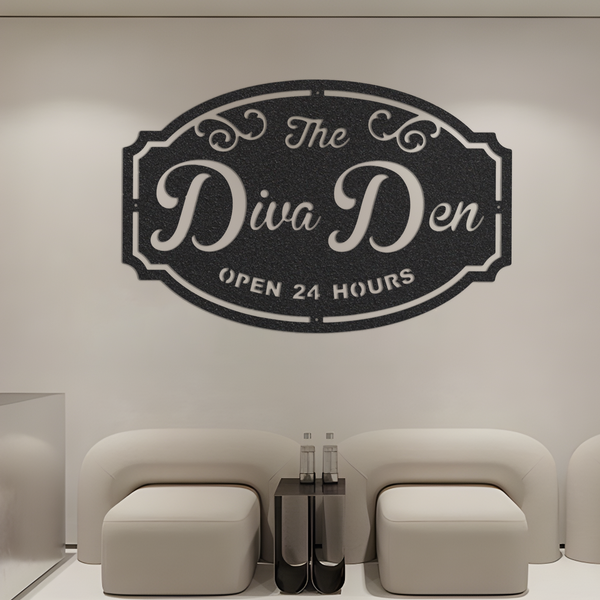 Diva Den Custom Metal Sign, Decorative Wall Art, Laser Cut Outdoor Name Sign, Metal Monogram Sign, Metal Artwork