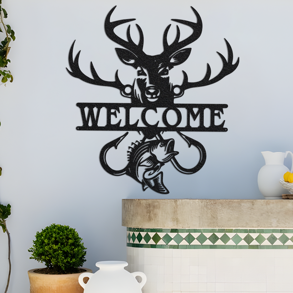 Deer Fish And Welcome Sign Metal Wall Art, Wall Art Gift For Nature Lover, Welcome Sign Art For Entryway Interior Decor, Wildlife Lover Gift