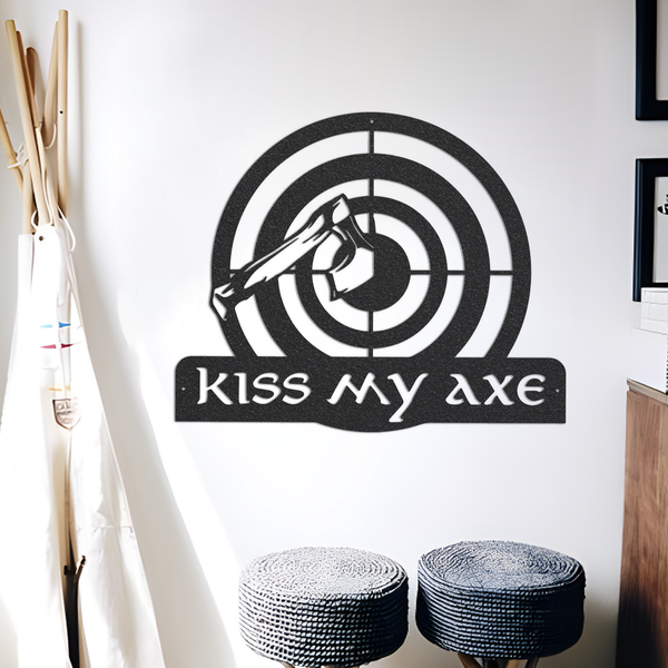 Kiss My Axe Metal Wall Art, Axe Throwing Target Metal Wall Sign, Laser Cut Metal Sign Above Bed Decor, Battle Axe For House Warming Gift