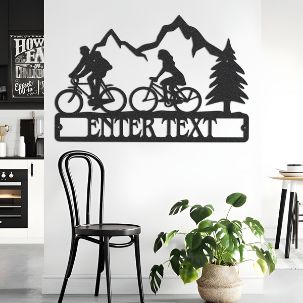 Mountain Biking Couple Metal Wall Art, Personalized Bicycle Couple Wall Art, Nature Wall Art Above Bed Decor, Metal Sign Gift For Couple