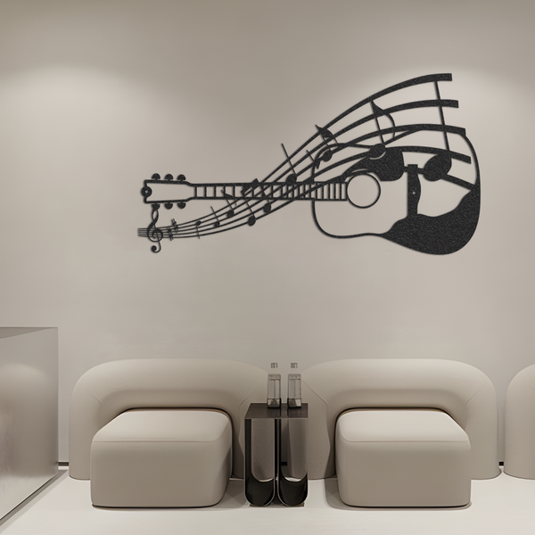 Guitar with Notes Metal Wall Art, Laser Cut Guitar Wall Art, Music Room Decor, Music Wall Art, Above Bed Wall Art, Guitar Player Gift1