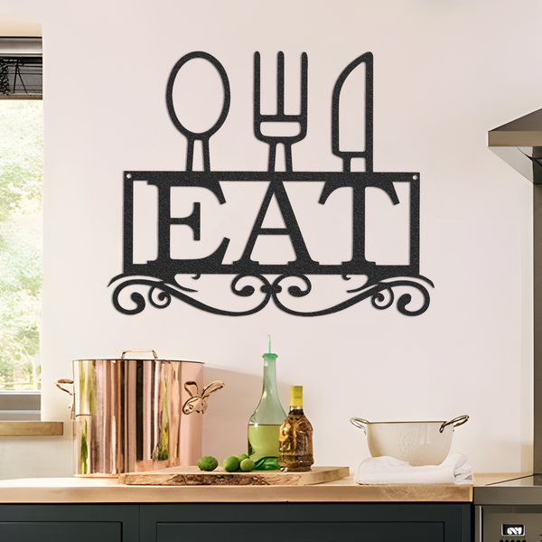 Kitchen Sign Wall Decor Rustic Metal Art, Eat Metal Sign Fork Spoon Knife Sign, Rustic Farmhouse Kitchen Wall Art Home, Statement Kitchen