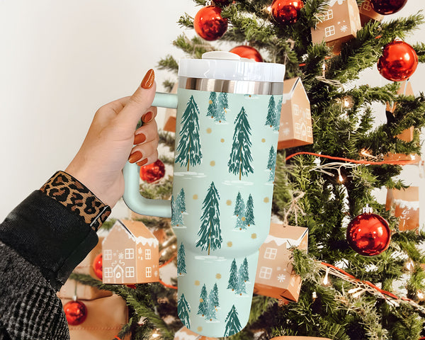 Cute Vintage Christmas Hand Draw Pine Tree 40oz Tumbler Stainless Steel With Handle & Straw, Gift For Her, Winter Vibe, Retro Xmas Season