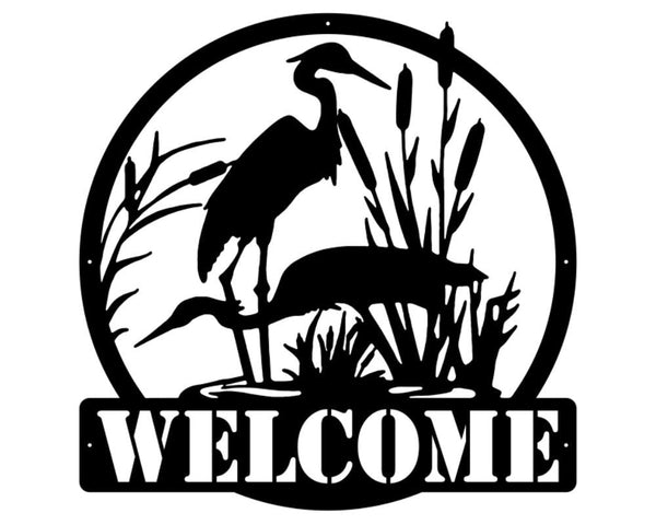 Herons Welcome Metal Wall Art, Laser Cut Heron Welcome Sign, Outdoor Round Metal Sign, Black Metal Wildlife Art, Entryway Welcome Sign