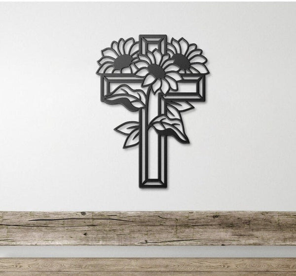 Sunflower Cross Metal Sign, Jesus Cross Metal Wall Art, Floral Cross Wall Sign, Cross Sunflower Home Decor, Flower Cross Metal Art