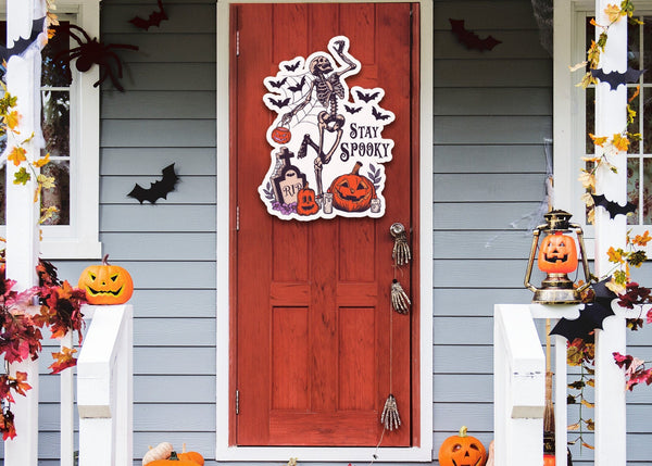 Metal Stay Spooky Sign, Halloween Sign, Skeleton Sign, Metal Front Door Sign, Home Decor Sign, Metal Greeting Sign, Halloween Decor