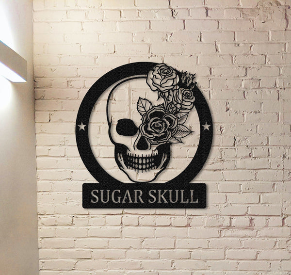 Custom Sugar Skull Wall Art,Skull Floral Metal Sign,Room Decoration,Personalized Skull Wall Decor,Skull Lover Gift,Metal Skull Monogram