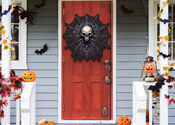 Metal Skull and Spiderweb Sign, Halloween Front Door Sign, Metal Halloween Skull Sign, Halloween Decor Sign, Metal Greeting Sign