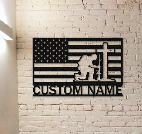 Custom US Flag Soldier Sign,Military Gift,Soldier Silhouette Sign,Army Veteran Gift,Memorial Sign,Soldier Kneeling,Cross Wall Art