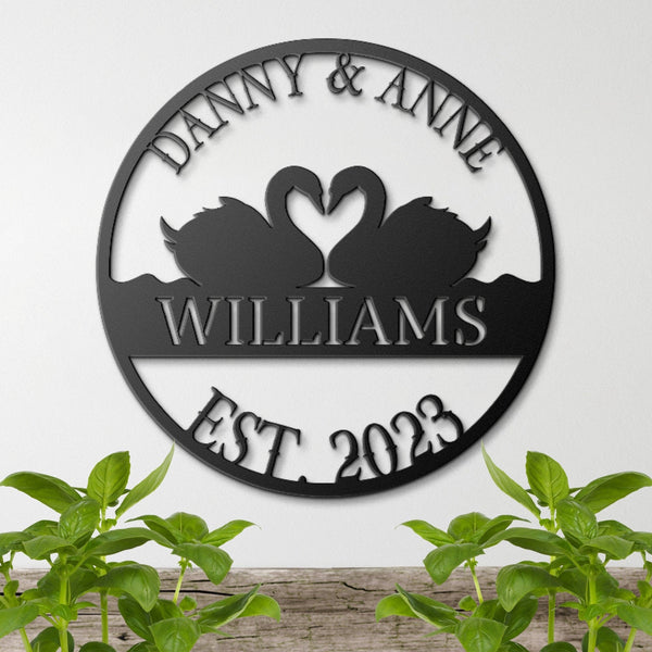 Swans Wedding Sign, Wedding Gift, Last Name Established Sign, Family Name Sign, Metal Swans Sign, Wedding Monogram, Couple Gift